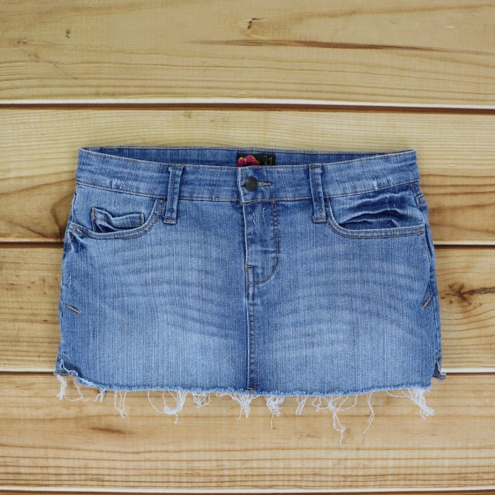 21 Mini Jean Skirt Distressed Cut-Off Womens Sz M Blue Medium Wash Denim Pockets